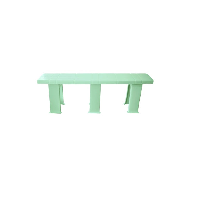 A plastic bench with sturdy legs, designed for outdoor or indoor seating.