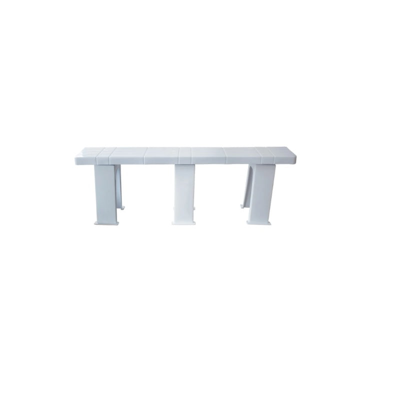 A plastic bench with sturdy legs, designed for outdoor or indoor seating.