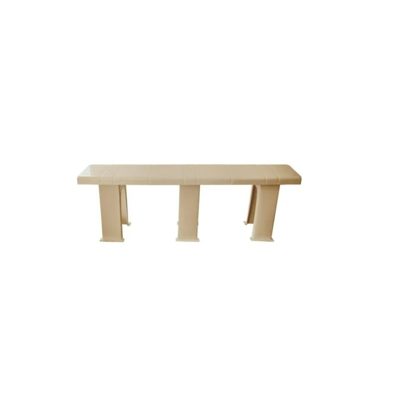 A plastic bench with sturdy legs, designed for outdoor or indoor seating.