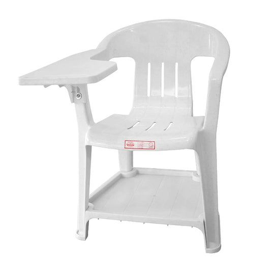 A white plastic chair with a table placed on top, illustrating a minimalist and practical arrangement.