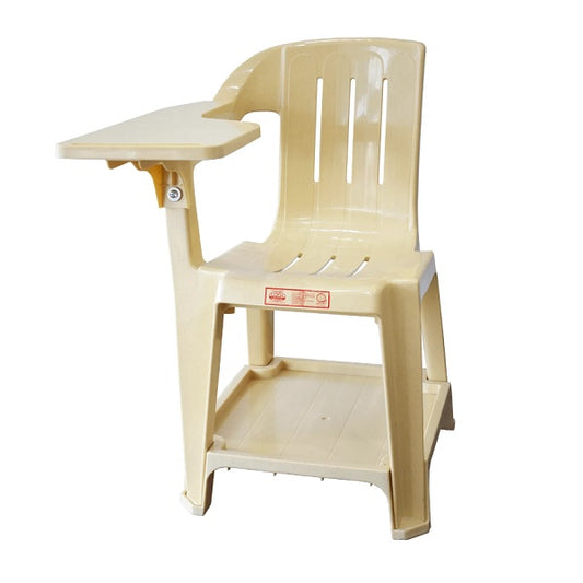 A white plastic chair with a table placed on top, illustrating a minimalist and practical arrangement.