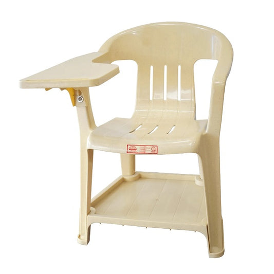 A white plastic chair with a table placed on top, illustrating a minimalist and practical arrangement.