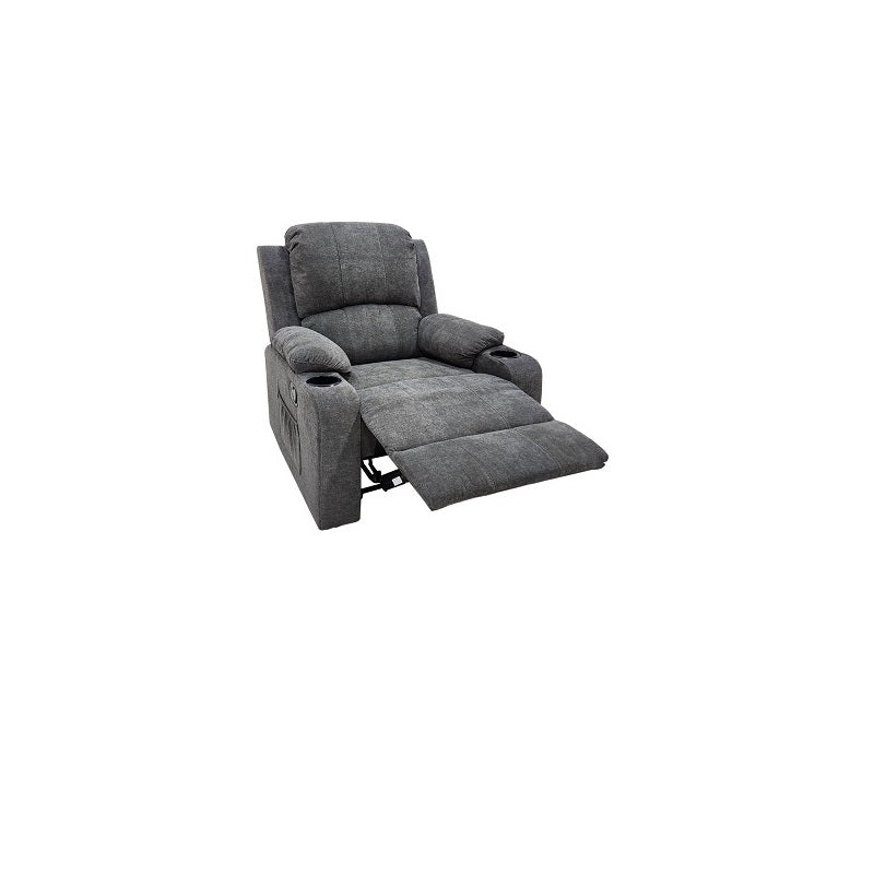 A cozy gray recliner chair is depicted, emphasizing its stylish design and comfort for relaxation.