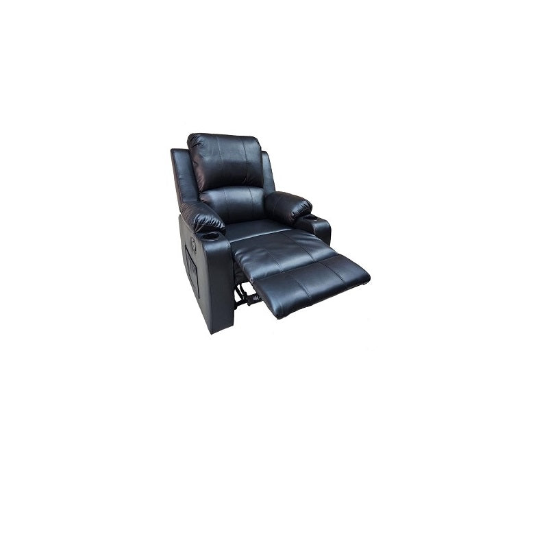 A cozy black recliner chair is depicted, emphasizing its stylish design and comfort for relaxation.