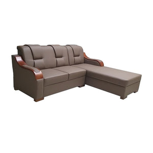 Athena L-Type Sofa | Leatherette Upholstered with Wooden Armrests & Cushions