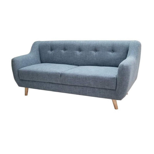 A stylish blue couch with wooden legs and a buttoned back, perfect for enhancing contemporary interior decor.