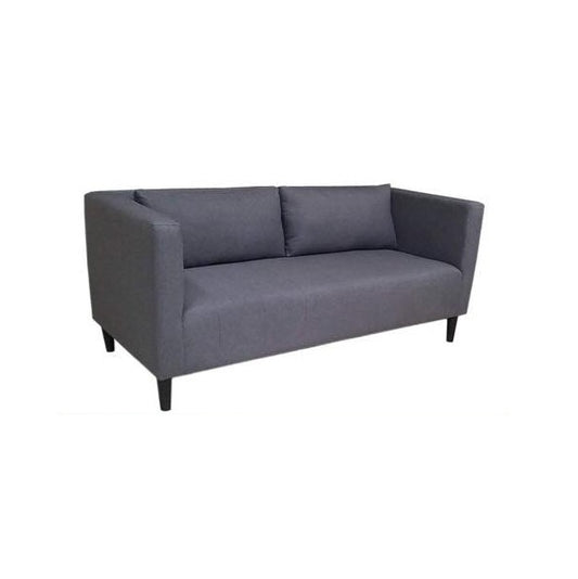 A modern grey couch with two accent pillows, offering a chic and comfortable seating option.