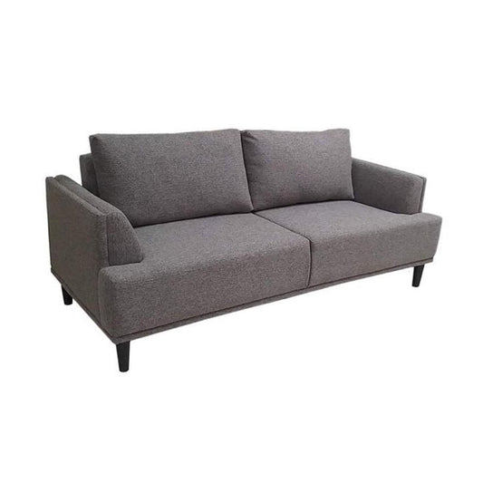 A modern brown couch with two accent pillows, offering a chic and comfortable seating option.