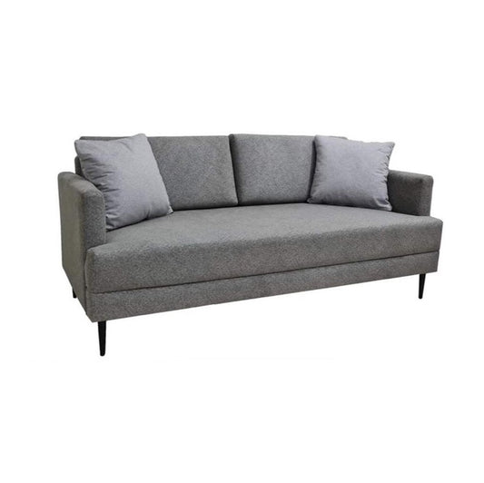 A modern grey couch with two accent pillows, offering a chic and comfortable seating option.