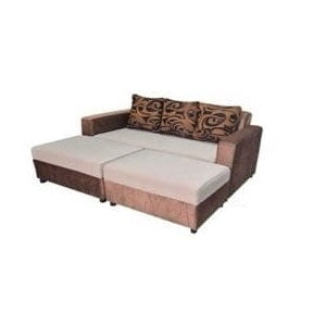 A brown and beige sectional couch adorned with decorative pillows, offering a cozy and inviting living space.