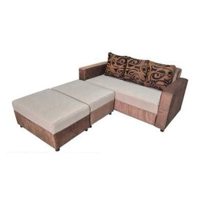A brown and beige sectional couch adorned with decorative pillows, offering a cozy and inviting living space.
