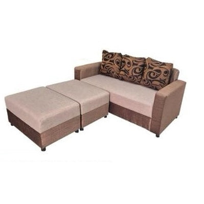 A brown and beige sectional couch adorned with decorative pillows, offering a cozy and inviting living space.