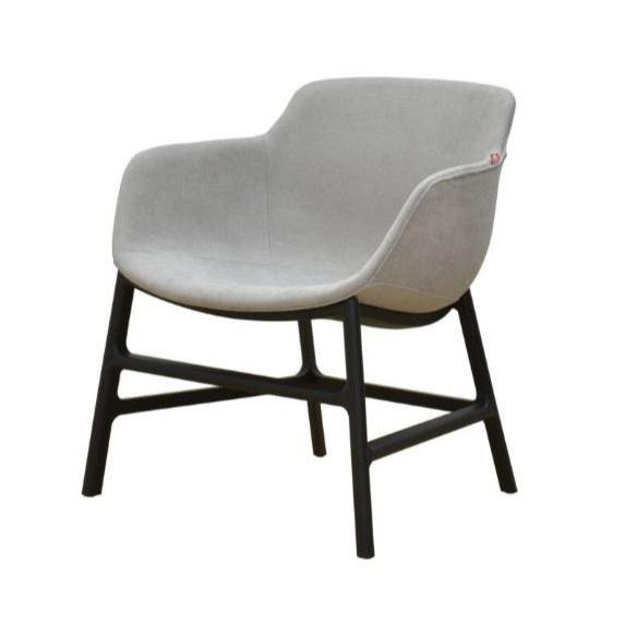 Stylish grey chair with black legs and a black seat, ideal for contemporary home or office décor.