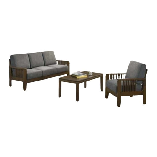 A stylish wenge and grey living room set featuring a modern coffee table, creating a cozy and elegant atmosphere.