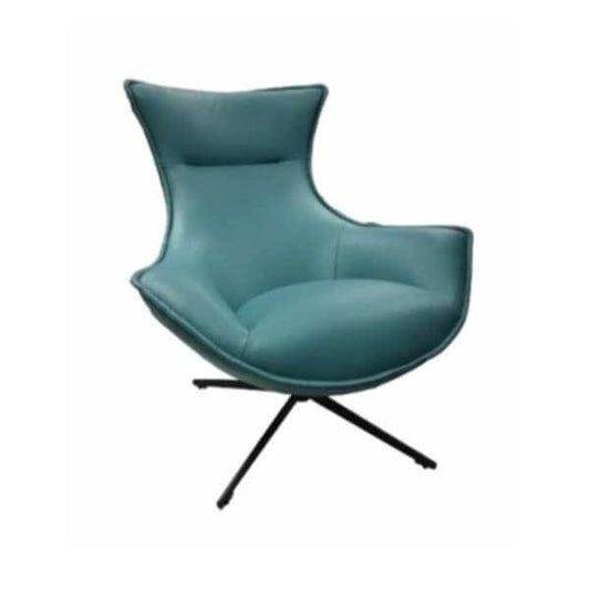 A stylish green leather accent chair featured prominently, highlighting its elegant shape and rich color.