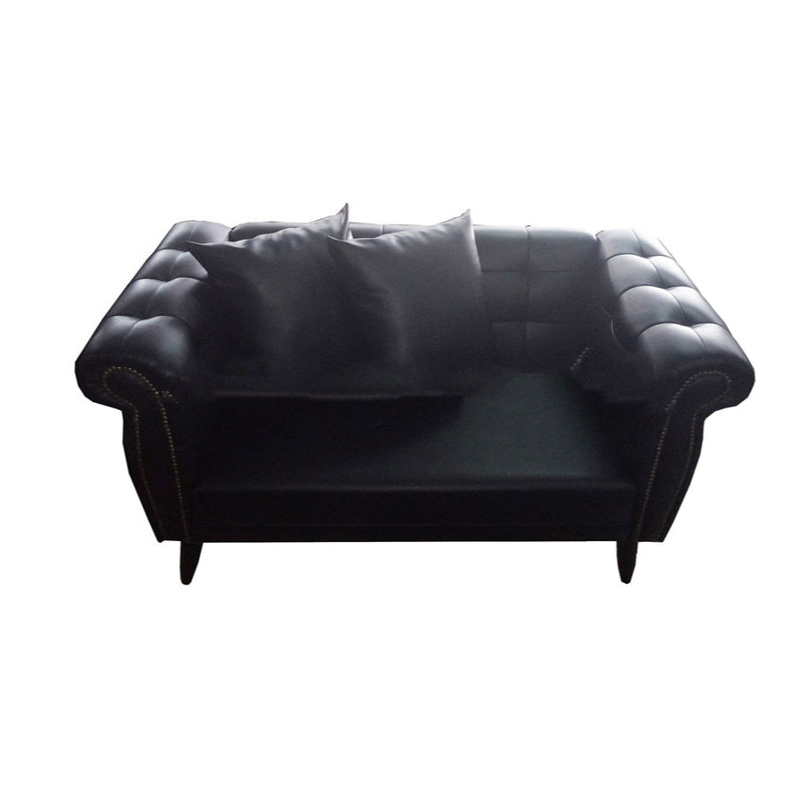 A pristine black leather couch with two plush pillows, adding a touch of sophistication to the interior decor.