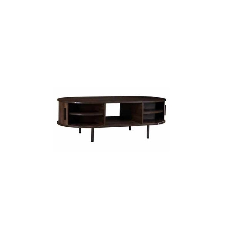 Contemporary coffee table with a wooden surface and sturdy metal legs, perfect for any modern living space.