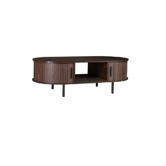Contemporary coffee table with a wooden surface and sturdy metal legs, perfect for any modern living space.