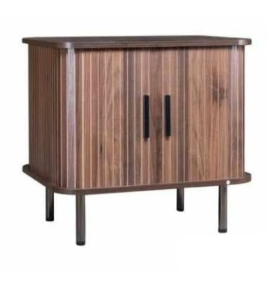 Stylish wooden side table with two doors, combining functionality and aesthetic appeal in a compact design.