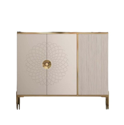 Wooden cabinet featuring three doors, showcasing a natural finish and elegant design.