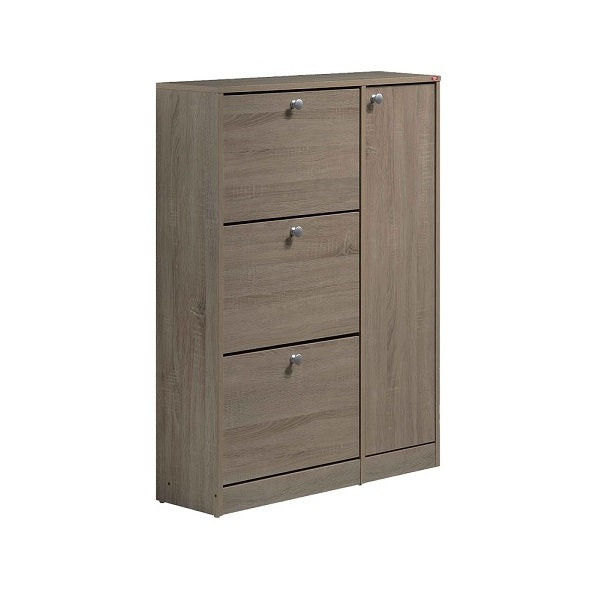A wooden shoe cabinet featuring 1 hinged door & 3 pull down door, designed for stylish and organized footwear storage.