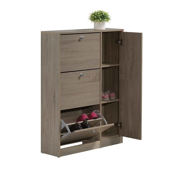 A wooden shoe cabinet featuring 1 hinged door & 3 pull down door, designed for stylish and organized footwear storage.