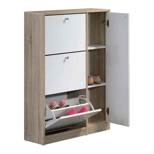 A wooden shoe cabinet featuring 1 hinged door & 3 pull down door, designed for stylish and organized footwear storage.