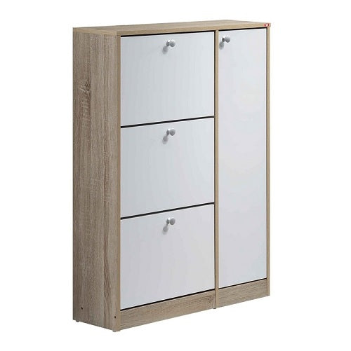 A wooden shoe cabinet featuring 1 hinged door & 3 pull down door, designed for stylish and organized footwear storage.