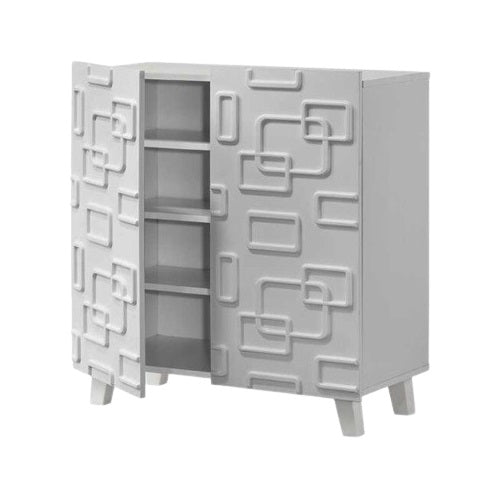 A white cabinet featuring a modern geometric design, showcasing clean lines and a contemporary aesthetic.