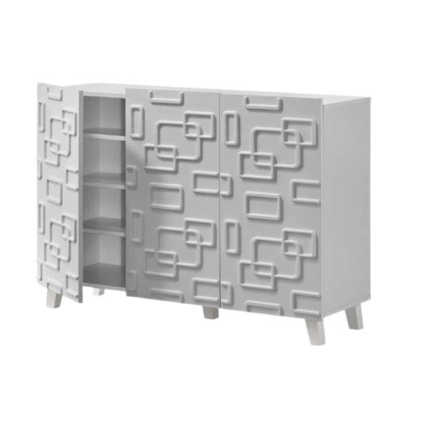 A white cabinet featuring a modern geometric design, showcasing clean lines and a contemporary aesthetic.