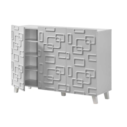A white cabinet featuring a modern geometric design, showcasing clean lines and a contemporary aesthetic.