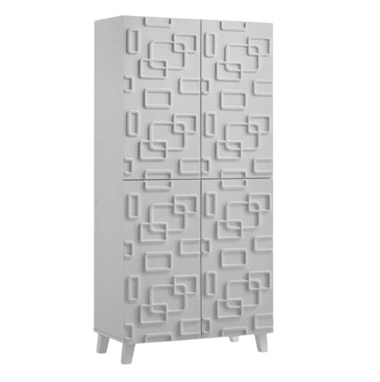 A white cabinet featuring a modern geometric design, showcasing clean lines and a contemporary aesthetic.