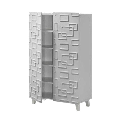 A white cabinet featuring a modern geometric design, showcasing clean lines and a contemporary aesthetic.