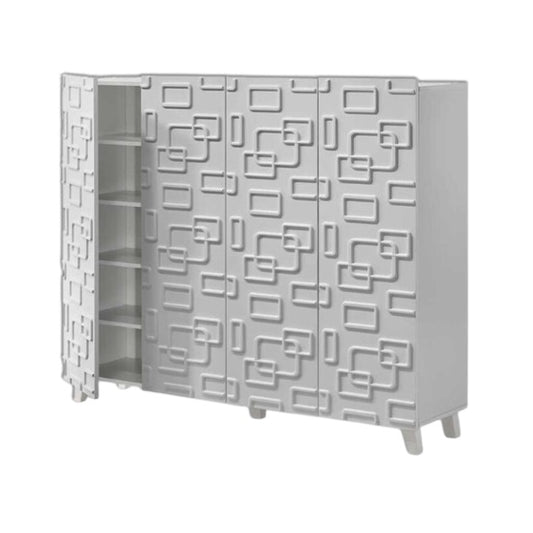 A white cabinet featuring a modern geometric design, showcasing clean lines and a contemporary aesthetic.