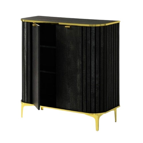 A chic black and gold cabinet with two doors, combining functionality and sophistication for any living space.