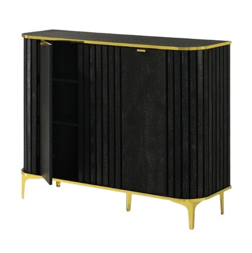 A chic black and gold cabinet with two doors, combining functionality and sophistication for any living space.