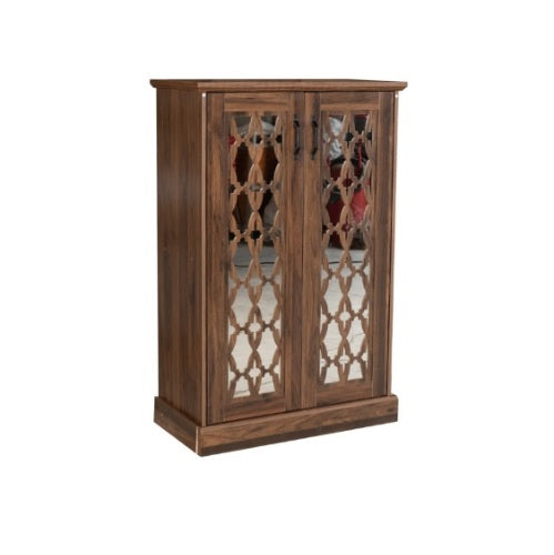 Elegant wooden cabinet with glass doors and drawers, perfect for displaying items while providing functional storage.