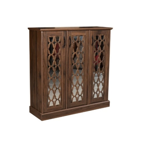 Elegant wooden cabinet with glass doors and drawers, perfect for displaying items while providing functional storage.