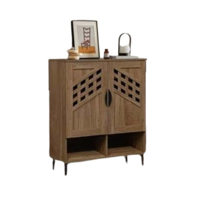 Wooden cabinet featuring two doors, showcasing a natural finish and elegant design.