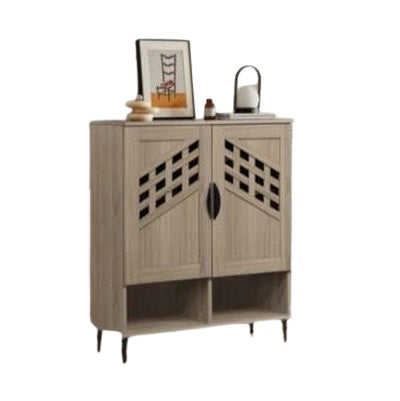Wooden cabinet featuring two doors, showcasing a natural finish and elegant design.