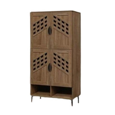 Wooden cabinet featuring four doors, showcasing a natural finish and elegant design.