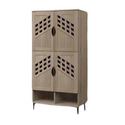 Wooden cabinet featuring four doors, showcasing a natural finish and elegant design.
