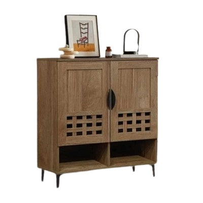 A wooden cabinet with two doors and two open shelves, highlighting its elegant craftsmanship and functional storage.