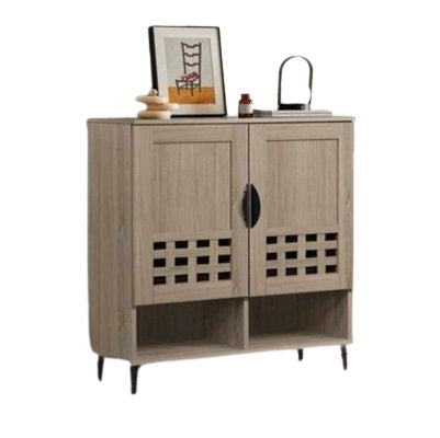 A wooden cabinet with two doors and two open shelves, highlighting its elegant craftsmanship and functional storage.
