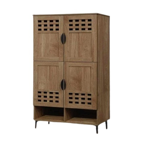 A wooden cabinet with four doors and two open shelves, highlighting its elegant craftsmanship and functional storage.