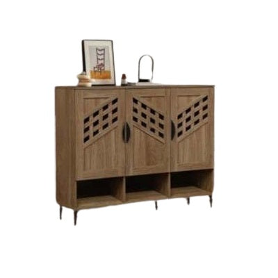 Wooden cabinet featuring three doors, showcasing a natural finish and elegant design.