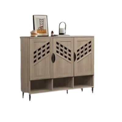 Wooden cabinet featuring three doors, showcasing a natural finish and elegant design.