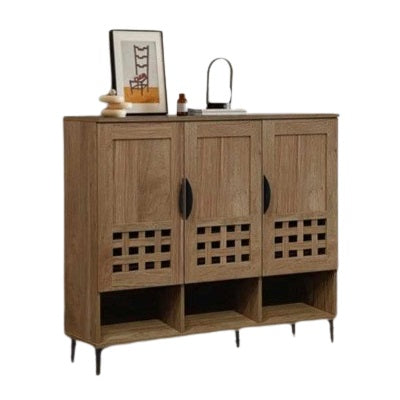 A wooden cabinet with three doors and three open shelves, highlighting its elegant craftsmanship and functional storage.