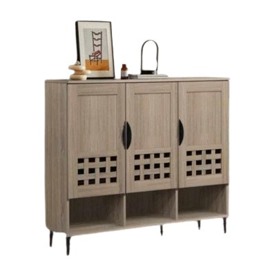 A wooden cabinet with three doors and three open shelves, highlighting its elegant craftsmanship and functional storage.