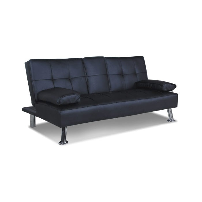 A stylish sofa bed equipped with a soft mattress and decorative pillows, ideal for both seating and sleeping.